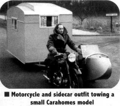 Motorcycle and sidecar pulling a Carahomes caravan, 